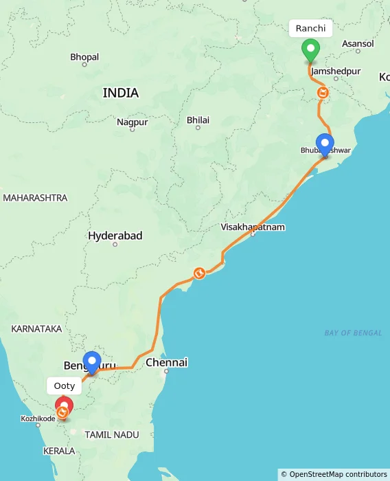 Route map showing distance and travel time from Ranchi, India to Ooty, India