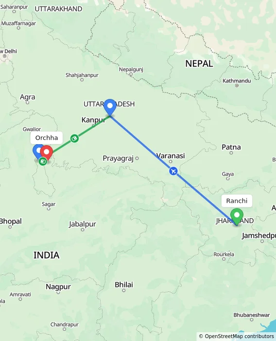 Route map showing distance and travel time from Ranchi, India to Orchha, India