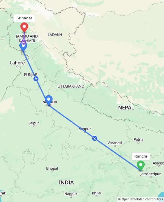 Route map showing distance and travel time from Ranchi, India to Srinagar, India