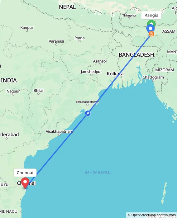 Route map showing distance and travel time from Rangia, India to Chennai, India