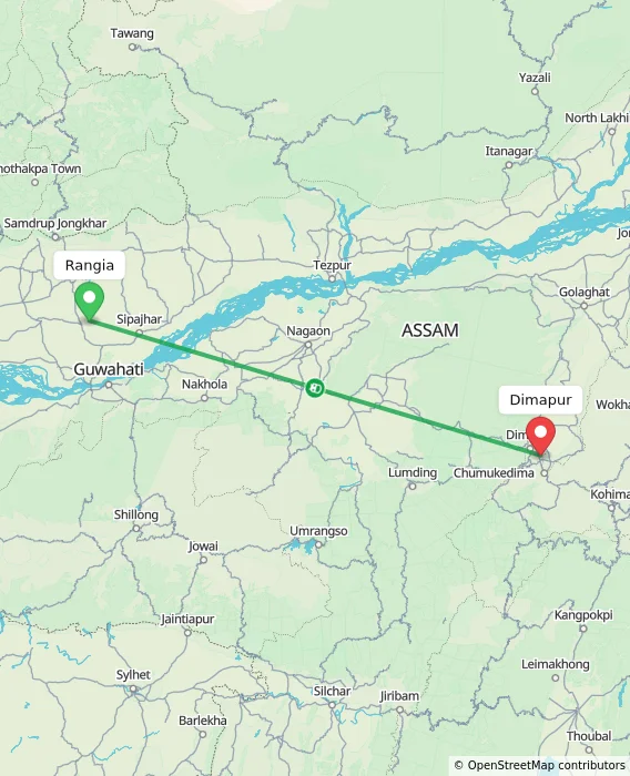 Route map showing distance and travel time from Rangia, India to Dimapur, India