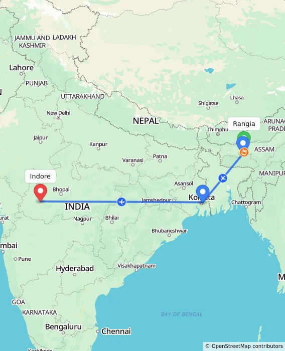 Route map showing distance and travel time from Rangia, India to Indore, India