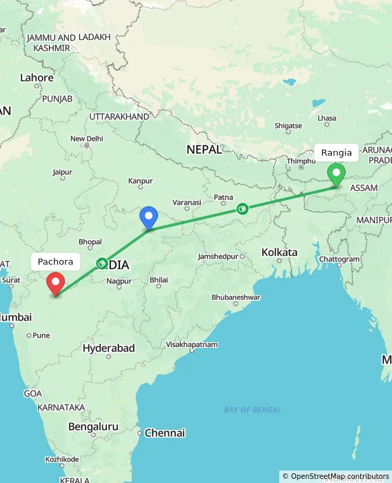 Route map showing distance and travel time from Rangia, India to Pachora, India