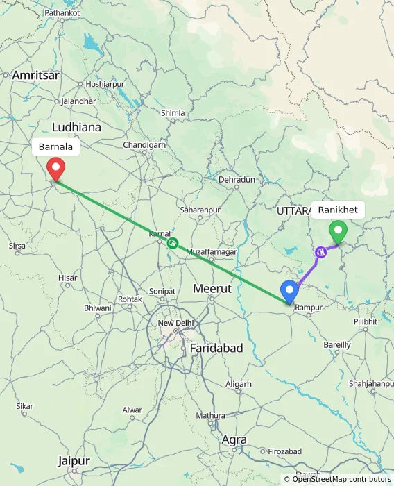 Route map showing distance and travel time from Ranikhet, India to Barnala, India