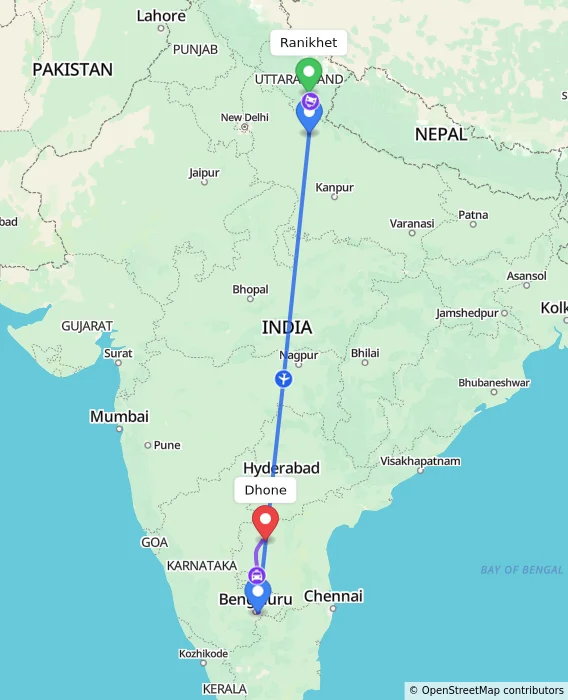 Route map showing distance and travel time from Ranikhet, India to Dhone, India