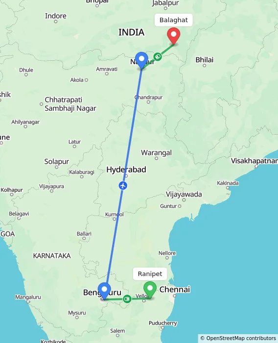 Route map showing distance and travel time from Ranipet, India to Balaghat, India