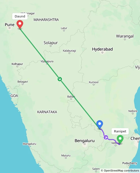 Route map showing distance and travel time from Ranipet, India to Daund, India