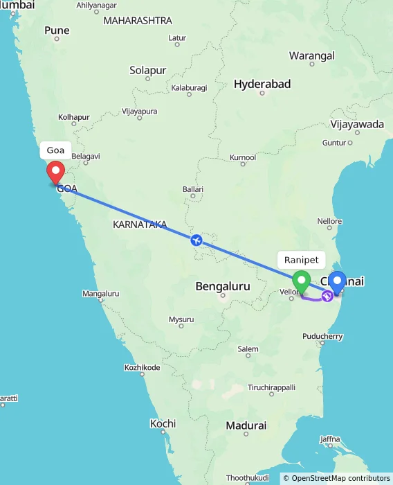 Route map showing distance and travel time from Ranipet, India to Goa, India
