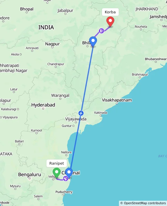 Route map showing distance and travel time from Ranipet, India to Korba, India