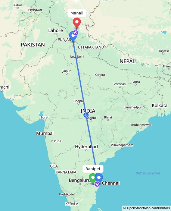 Route map showing distance and travel time from Ranipet, India to Manali, India