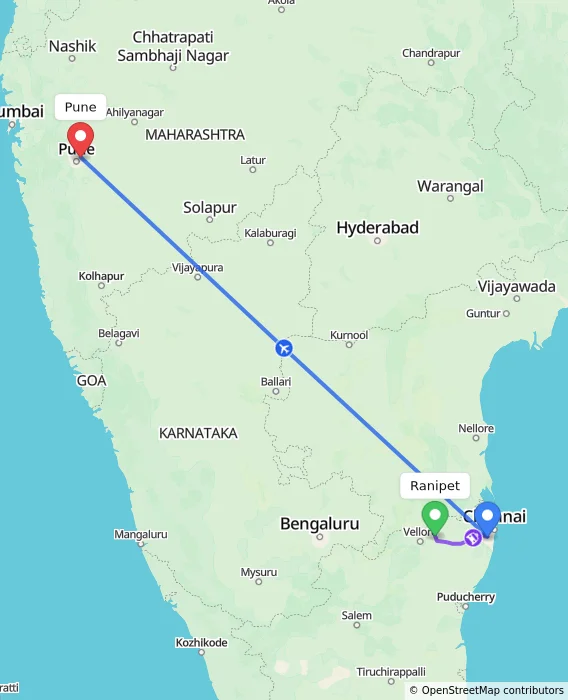 Route map showing distance and travel time from Ranipet, India to Pune, India