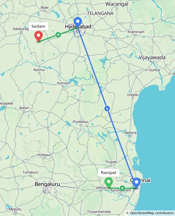 Route map showing distance and travel time from Ranipet, India to Sedam, India