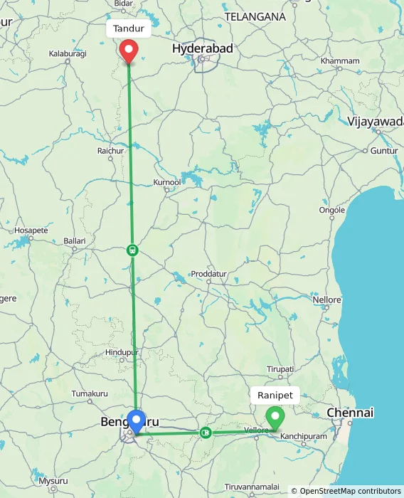 Route map showing distance and travel time from Ranipet, India to Tandur, India