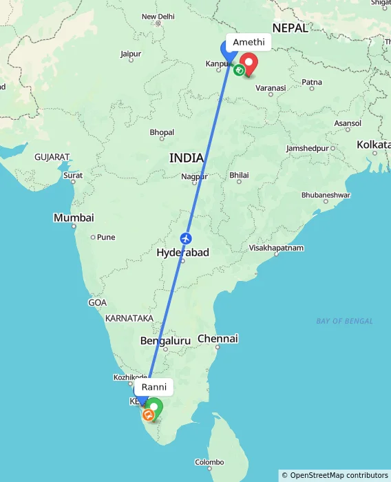 Route map showing distance and travel time from Ranni, India to Amethi, India