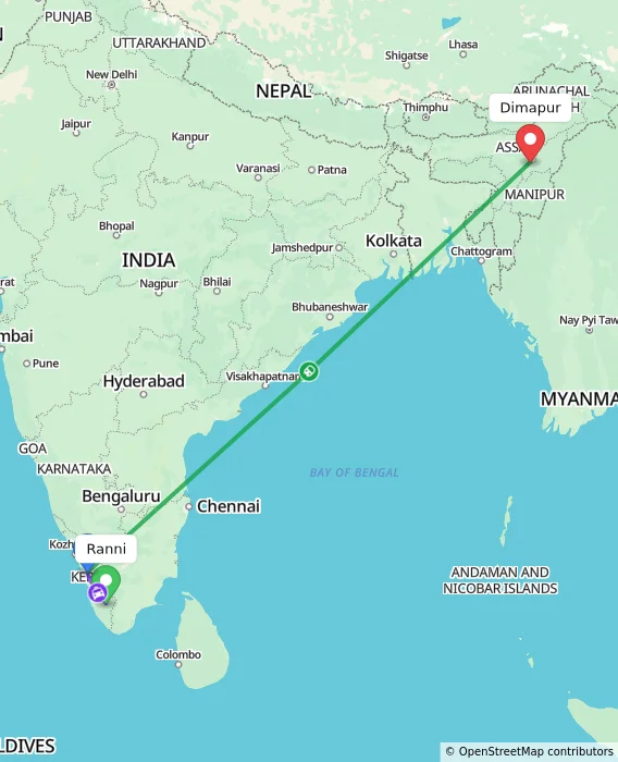Route map showing distance and travel time from Ranni, India to Dimapur, India