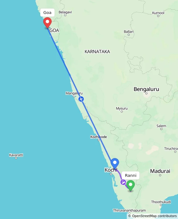 Route map showing distance and travel time from Ranni, India to Goa, India