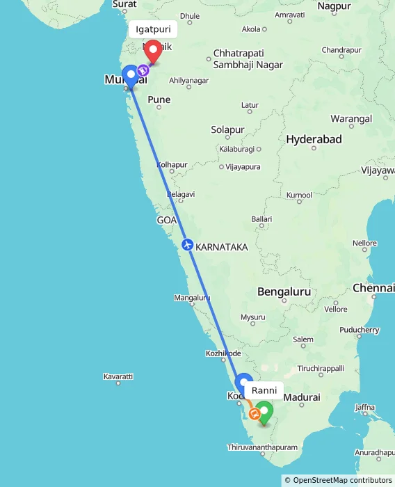 Route map showing distance and travel time from Ranni, India to Igatpuri, India