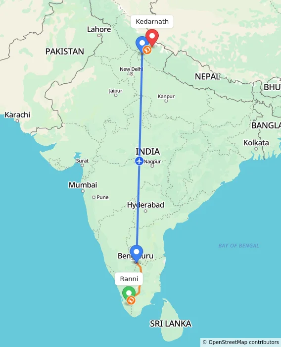 Route map showing distance and travel time from Ranni, India to Kedarnath, India