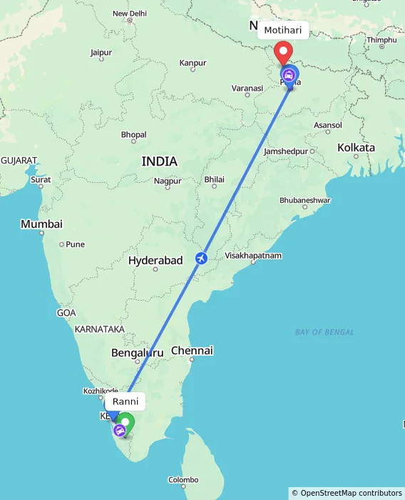 Route map showing distance and travel time from Ranni, India to Motihari, India