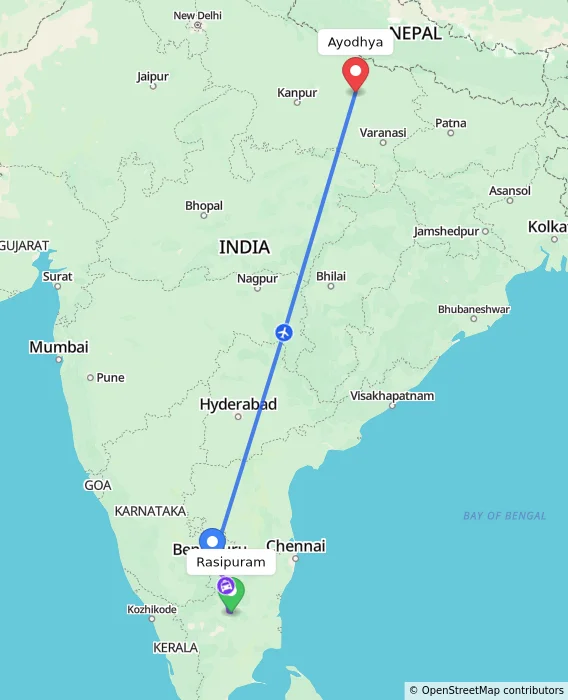 Route map showing distance and travel time from Rasipuram, India to Ayodhya, India