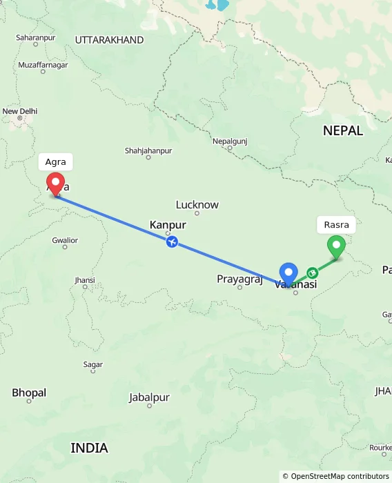 Route map showing distance and travel time from Rasra, India to Agra, India