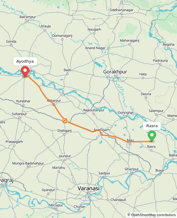 Route map showing distance and travel time from Rasra, India to Ayodhya, India