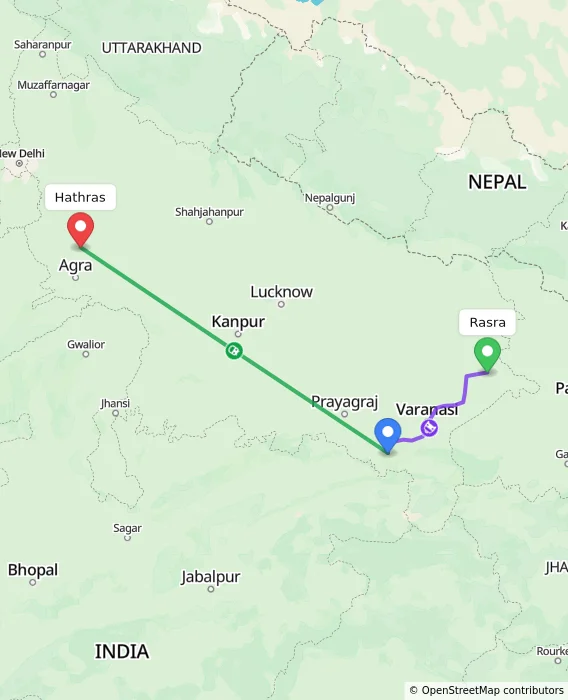 Route map showing distance and travel time from Rasra, India to Hathras, India