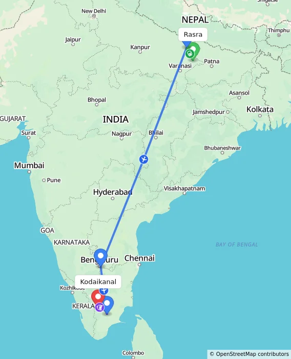 Route map showing distance and travel time from Rasra, India to Kodaikanal, India