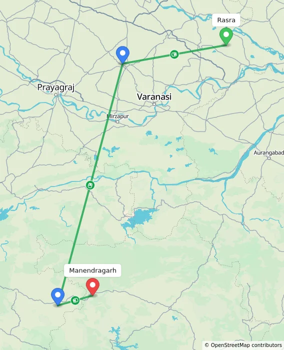 Route map showing distance and travel time from Rasra, India to Manendragarh, India