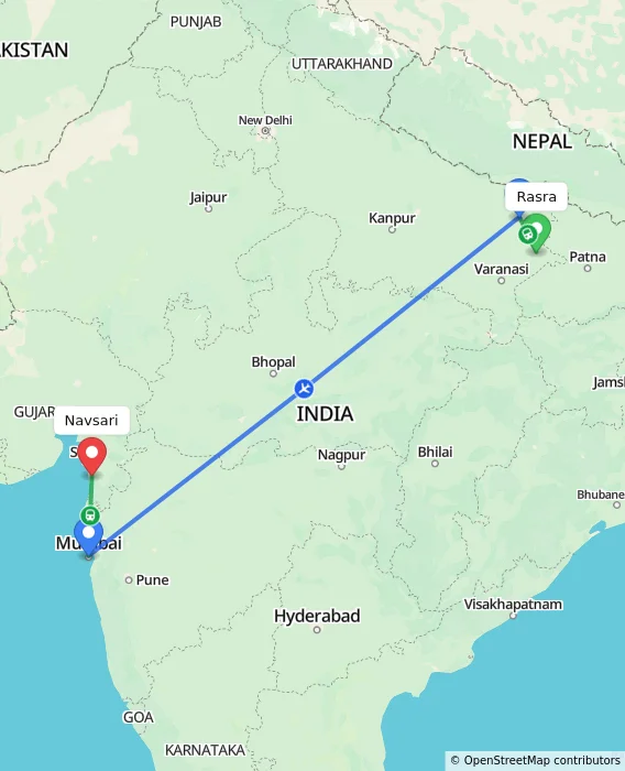 Route map showing distance and travel time from Rasra, India to Navsari, India