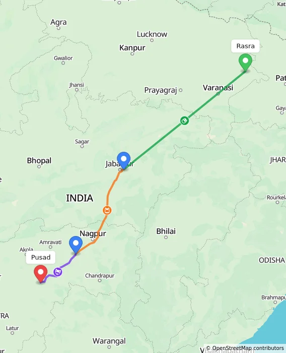 Route map showing distance and travel time from Rasra, India to Pusad, India