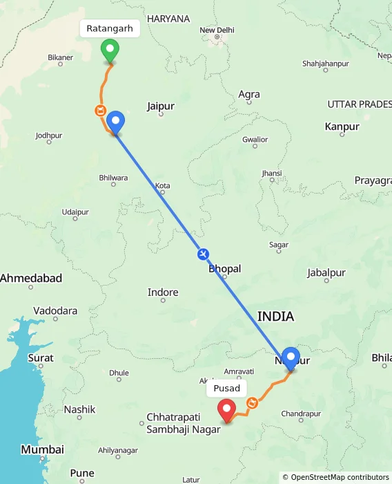Route map showing distance and travel time from Ratangarh, India to Pusad, India