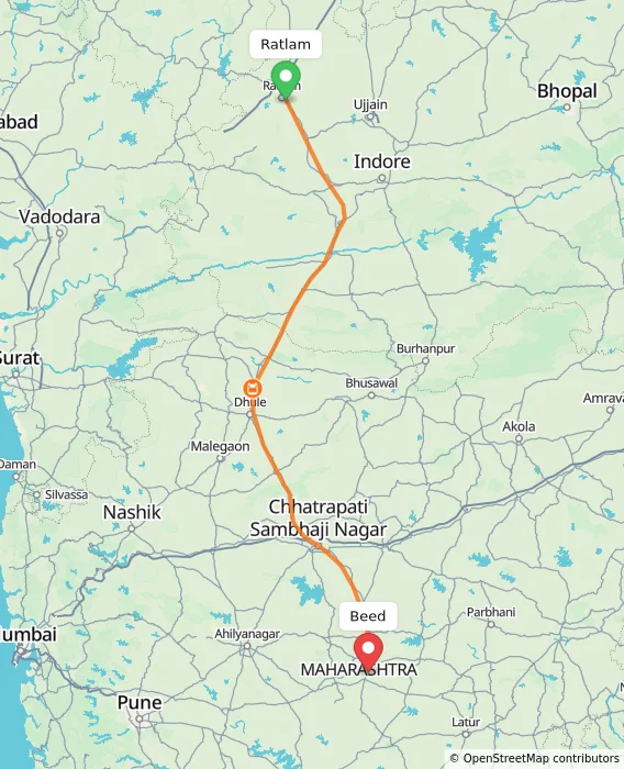 Route map showing distance and travel time from Ratlam, India to Beed, India