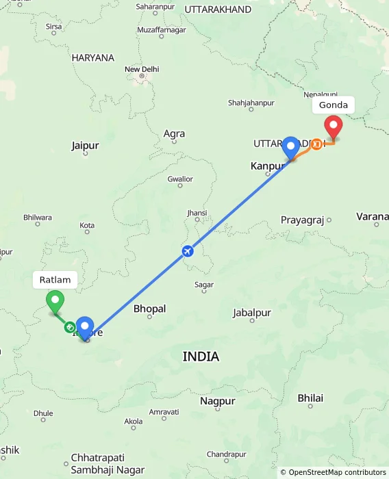 Route map showing distance and travel time from Ratlam, India to Gonda, India