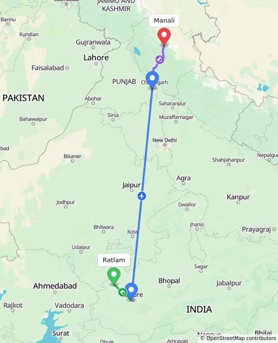 Route map showing distance and travel time from Ratlam, India to Manali, India