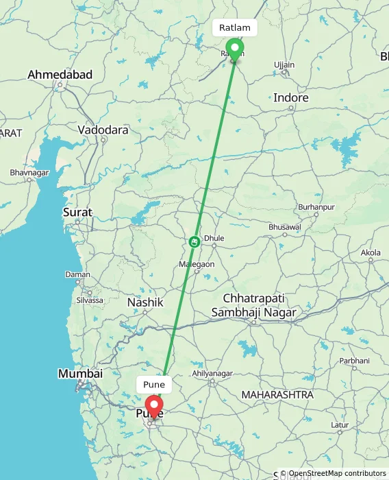 Route map showing distance and travel time from Ratlam, India to Pune, India