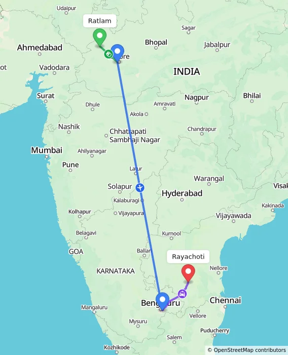 Route map showing distance and travel time from Ratlam, India to Rayachoti, India