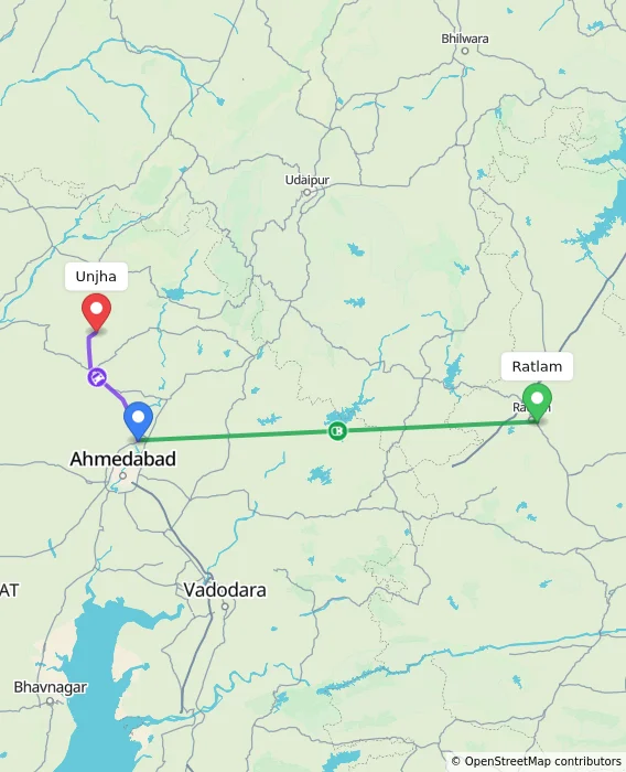 Route map showing distance and travel time from Ratlam, India to Unjha, India