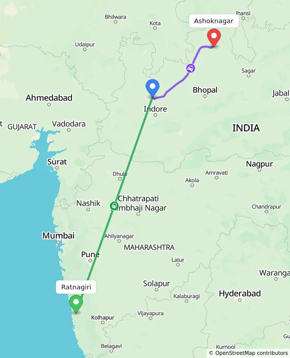 Route map showing distance and travel time from Ratnagiri, India to Ashoknagar, India