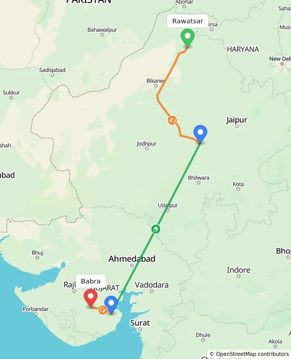 Route map showing distance and travel time from Rawatsar, India to Babra, India