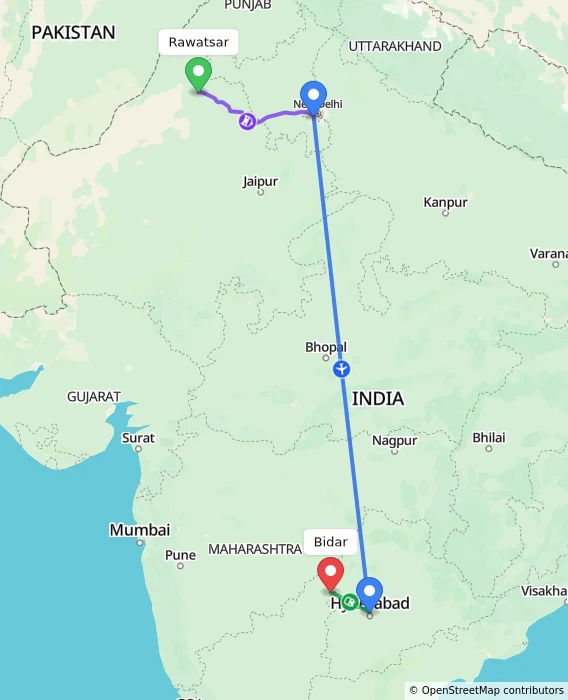 Route map showing distance and travel time from Rawatsar, India to Bidar, India