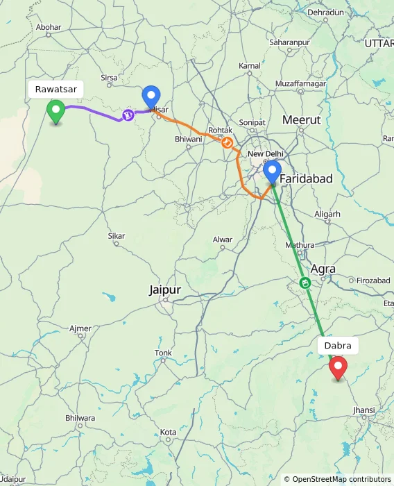 Route map showing distance and travel time from Rawatsar, India to Dabra, India