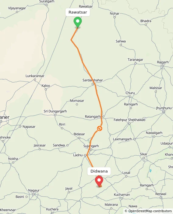 Route map showing distance and travel time from Rawatsar, India to Didwana, India