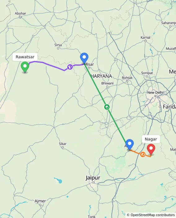Route map showing distance and travel time from Rawatsar, India to Nagar, India