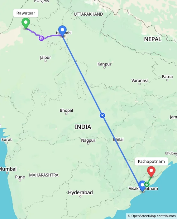 Route map showing distance and travel time from Rawatsar, India to Pathapatnam, India