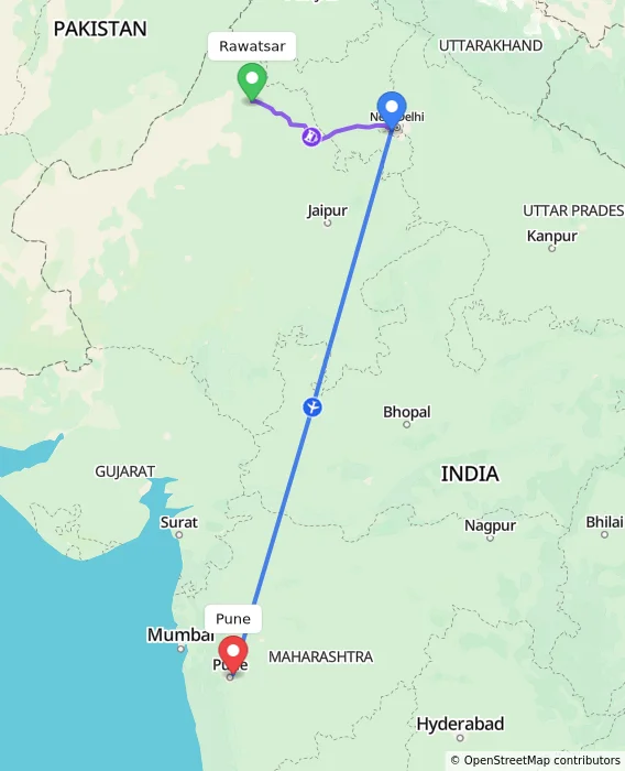 Route map showing distance and travel time from Rawatsar, India to Pune, India