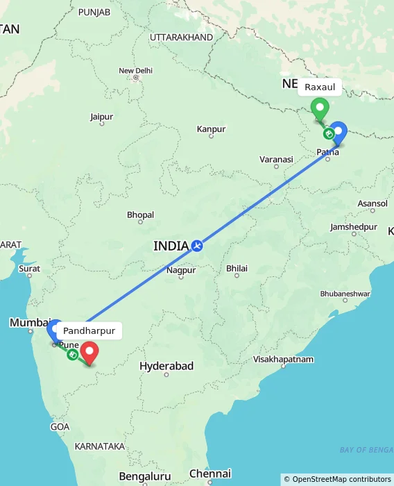 Route map showing distance and travel time from Raxaul, India to Pandharpur, India