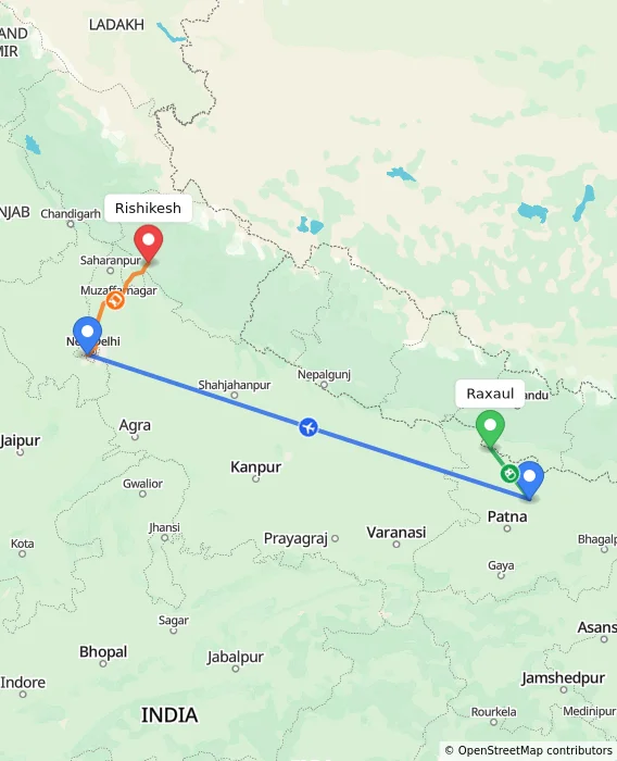 Route map showing distance and travel time from Raxaul, India to Rishikesh, India