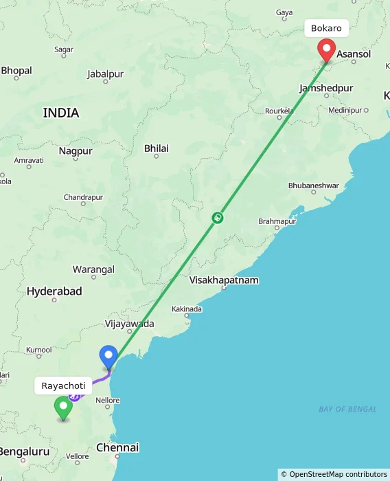 Route map showing distance and travel time from Rayachoti, India to Bokaro, India