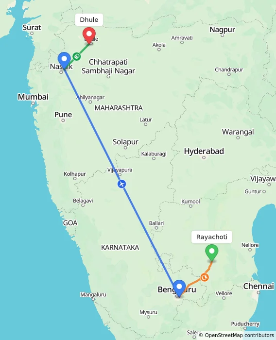 Route map showing distance and travel time from Rayachoti, India to Dhule, India